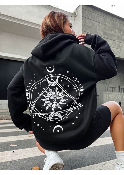 Ay Tutulması Baskılı Kapüşonlu Ünisex Oversize Sweatshirt indirimleri