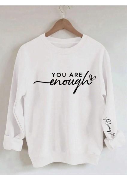 Enough Always Baskılı Bisiklet Yaka Oversize Sweatshirt