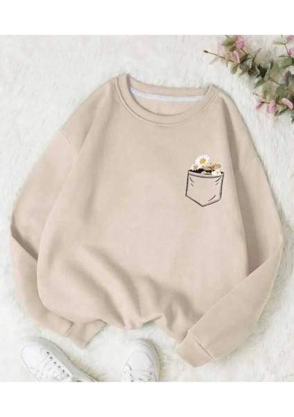 Çiçek Cep Baskılı Bisiklet Yaka Salaş Eşofman Üstü Oversize Sweatshirt