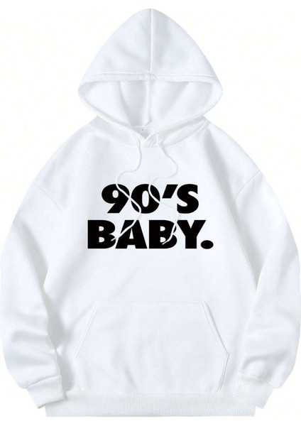 90's Baby. Baskılı Ünisex Beyaz Kapüşonlu Oversize Sweatshirt