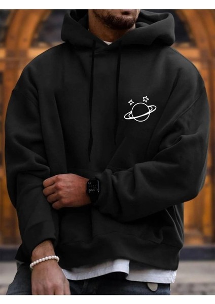 Gezegen Baskılı Siyah Kapüşonlu Kanguru Cep Ünisex Oversize Sweatshirt