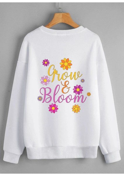 Beyaz Grow Bloom Baskılı Oversize Yuvarlak Yaka Sweatshirt
