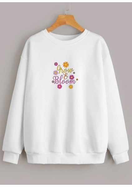 Beyaz Grow Bloom Baskılı Oversize Yuvarlak Yaka Sweatshirt fiyatları