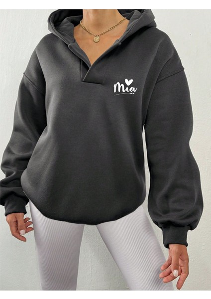 Unisex V-Yaka Kapüşonlu Basic Baskılı Oversize Swetshirt