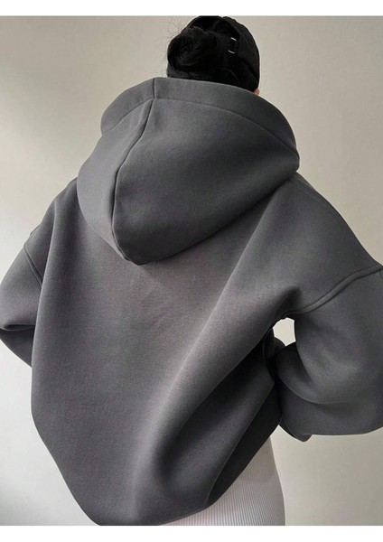 Unisex V-Yaka Kapüşonlu Basic Baskılı Oversize Swetshirt fiyatları