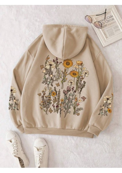 Çiçek Kol Baskılı Oversize Kapüşonlu Kadın Unisex Sweatshirt