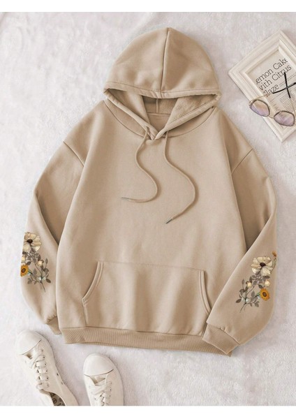 Çiçek Kol Baskılı Oversize Kapüşonlu Kadın Unisex Sweatshirt
