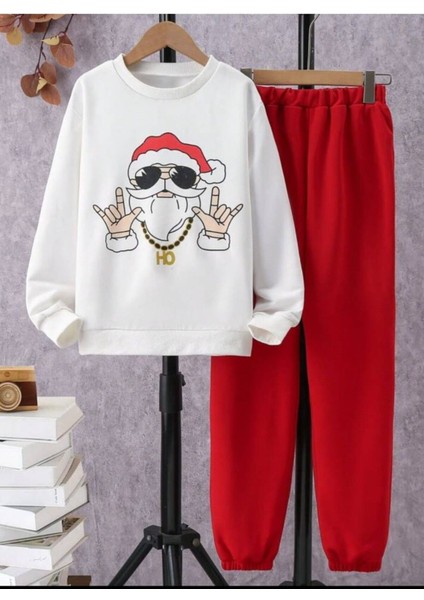 Yeni Yıl Basklı Beyaz Bisiklet Yaka Sweatshirt Kırmızı Alt Ünisex Oversize