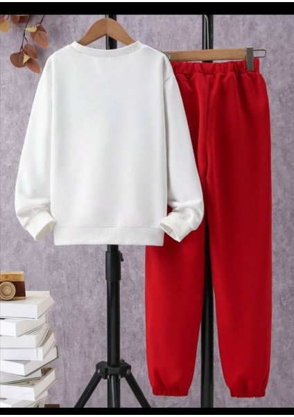 Yeni Yıl Basklı Beyaz Bisiklet Yaka Sweatshirt Kırmızı Alt Ünisex Oversize modelleri