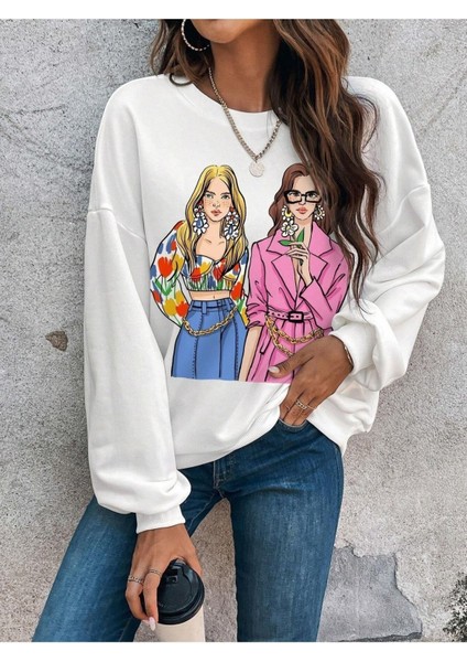 2 Kadın Cool Baskılı Bisiklet Yaka Ünisex Beyaz Oversize Sweatshirt modelleri