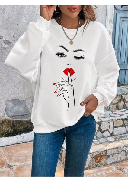 Sus Işaretli Kırmızı Rujlu Kadın Baskılı Bisiklet Yaka Ünisex Beyaz Oversize Sweatshirt