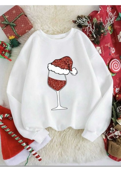 Yeni Yıl Temalı Bisiklet Yaka Beyaz Ünisex Oversize Sweatshirt