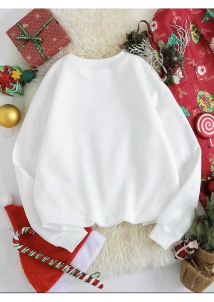 Yeni Yıl Temalı Bisiklet Yaka Beyaz Ünisex Oversize Sweatshirt fiyatları