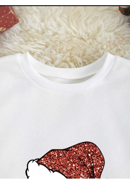 Yeni Yıl Temalı Bisiklet Yaka Beyaz Ünisex Oversize Sweatshirt modelleri