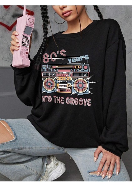 80's Years Teyp Baskılı Bisiklet Yaka Ünisex Siyah Oversize Sweatshirt