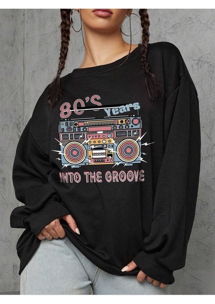 80's Years Teyp Baskılı Bisiklet Yaka Ünisex Siyah Oversize Sweatshirt fiyatları