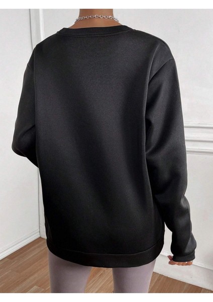 Patili Kalp Baskılı Bisiklet Yaka Ünisex Siyah Oversize Sweatshirt