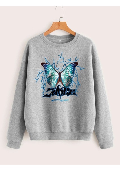Kadın Sense Kelebek Baskılı Oversize Sweatshirt