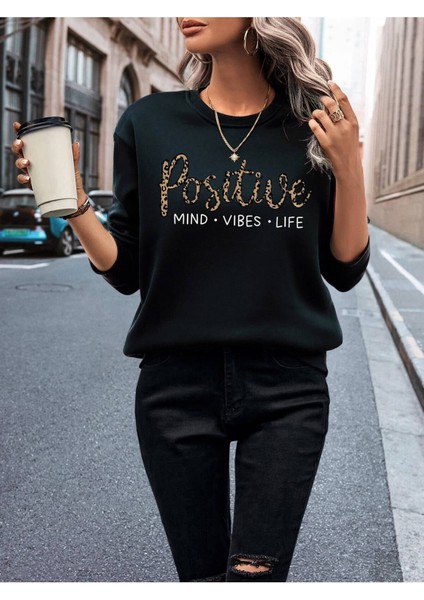 Tasarım Baskılı Bisiklet Yaka Siyah Kadın Oversize Sweatshirt