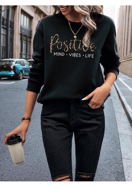 Tasarım Baskılı Bisiklet Yaka Siyah Kadın Oversize Sweatshirt fırsatları