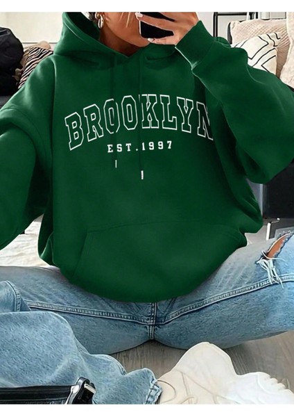 Brooklyn New York Baskılı Kapüşonlu Unisex Oversize Sweatshirt