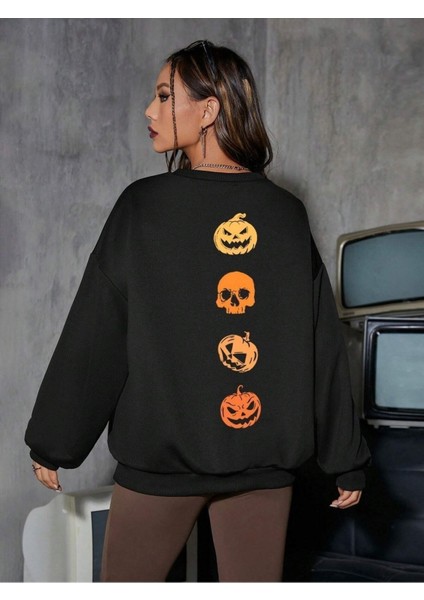 Korkunç Balkabak Sırt Baskılı Bisiklet Yaka Ünisex Siyah Oversize Sweatshirt
