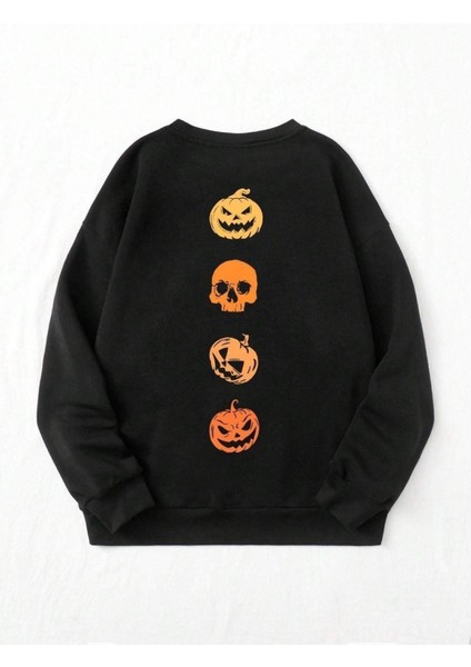 Korkunç Balkabak Sırt Baskılı Bisiklet Yaka Ünisex Siyah Oversize Sweatshirt fiyatları