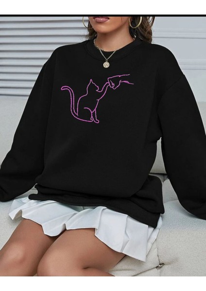 Kedi Dostu Baskılı Bisiklet Yaka Ünisex Oversize Sweatshirt