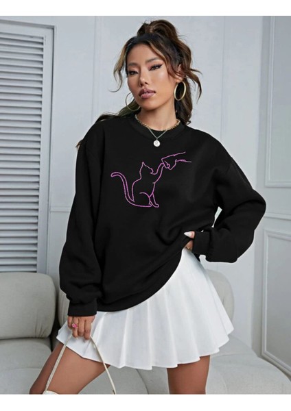Kedi Dostu Baskılı Bisiklet Yaka Ünisex Oversize Sweatshirt fiyatları