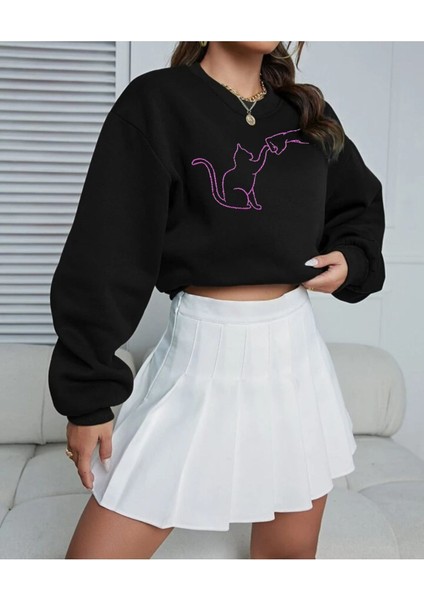Kedi Dostu Baskılı Bisiklet Yaka Ünisex Oversize Sweatshirt modelleri