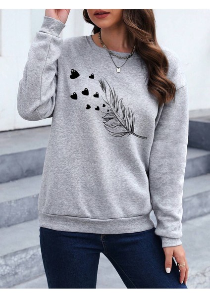 Tüy Baskılı Oversize Sıfır Yaka Sweatshirt modelleri