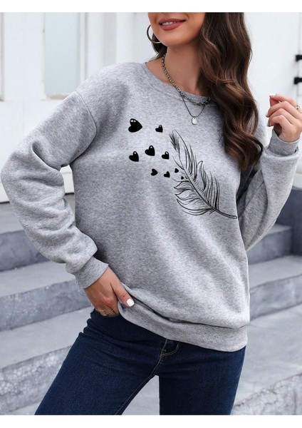 Tüy Baskılı Oversize Sıfır Yaka Sweatshirt indirimleri