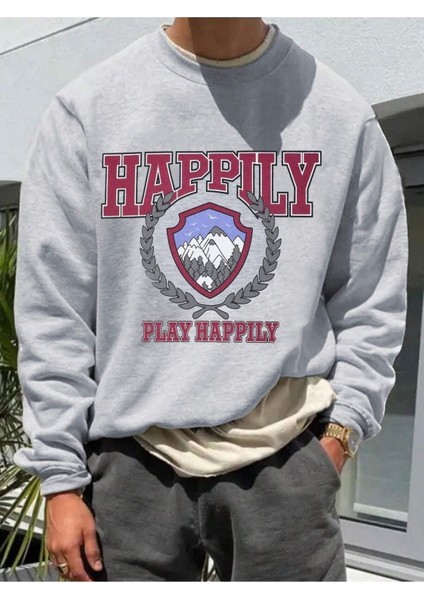 Happıly Baskılı Gri Bisiklet Yaka Oversize Sweatshirt