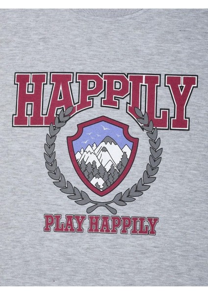 Happıly Baskılı Gri Bisiklet Yaka Oversize Sweatshirt fiyatları