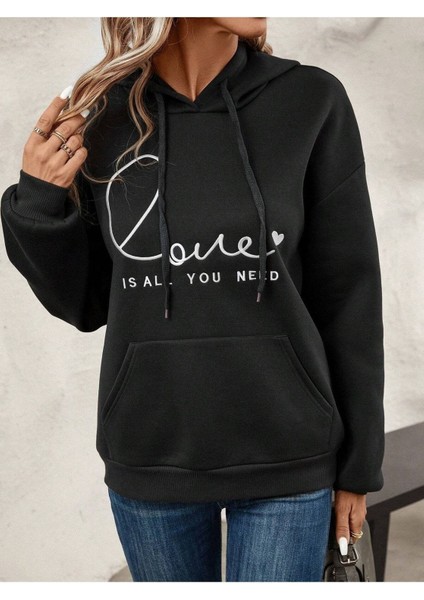 Love Is All You Need Baskılı Ünisex Siyah Kapüşonlu Oversize Sweatshirt