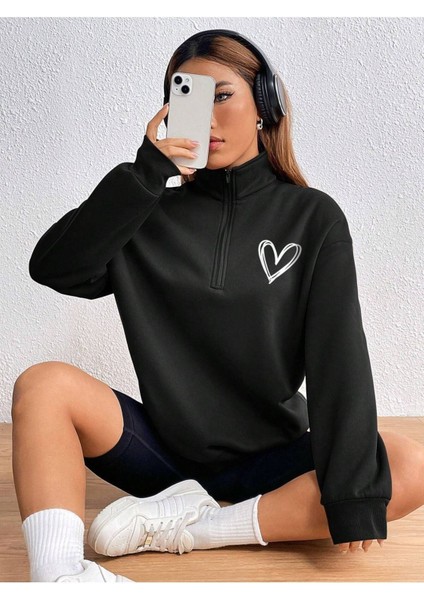Siyah Kalp Baskı Dik Yaka Fermuarlı Kazak Sweatshirt fiyatları