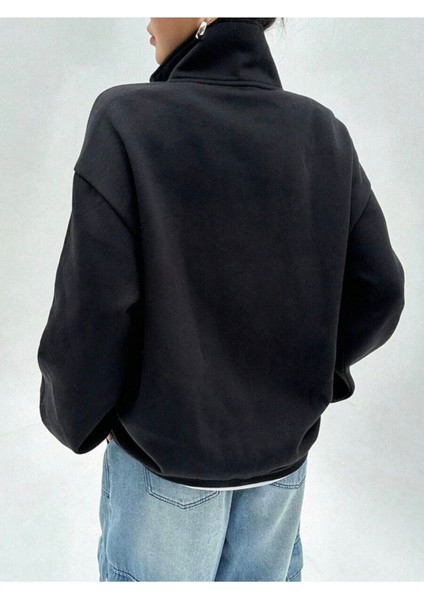 Siyah Kalp Baskı Dik Yaka Fermuarlı Kazak Sweatshirt modelleri
