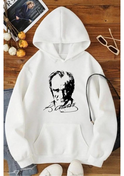 Atatürk Imzalı Sweatshirt Oversize Şardonlu Kapüşonlu