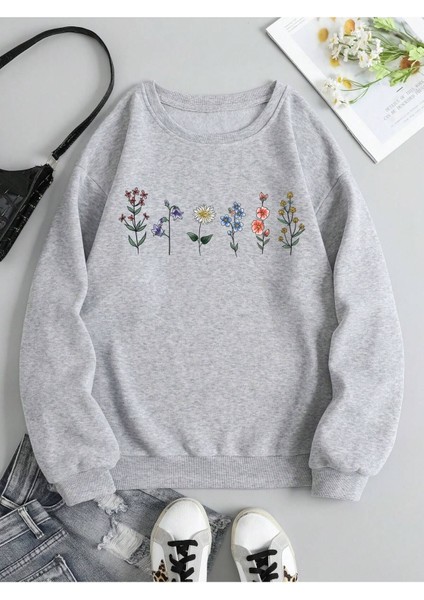 Unisex Çiçek Baskılı Bisiklet Yaka Sweatshirt