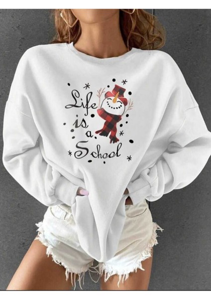 Yeni Yıl Temalı Bisiklet Yaka Beyaz Ünisex Oversize Sweatshirt