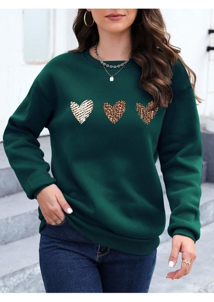 Minimal 3lü Kalp Baskılı Bisiklet Yaka Unisex Oversize Sweatshirt