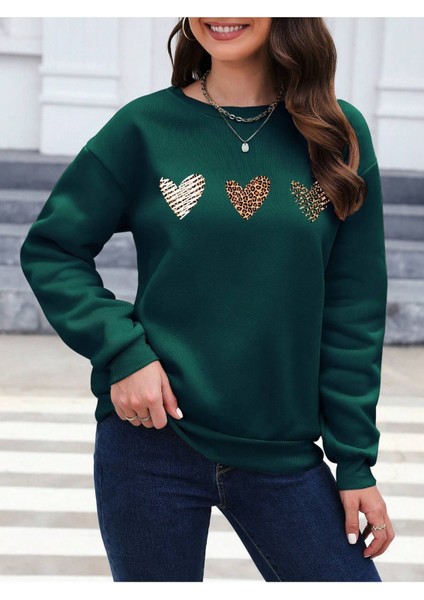 Minimal 3lü Kalp Baskılı Bisiklet Yaka Unisex Oversize Sweatshirt modelleri