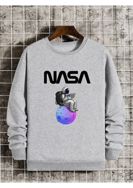 Nasa Baskılı Bisiklet Yaka Ünisex Oversize Sweatshirt