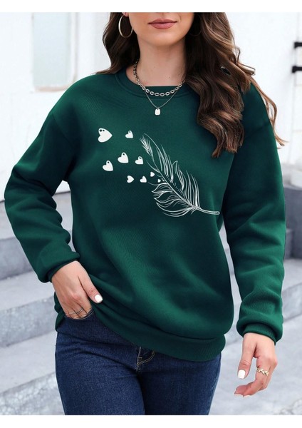 Tüy Baskılı Oversize Sıfır Yaka Sweatshirt