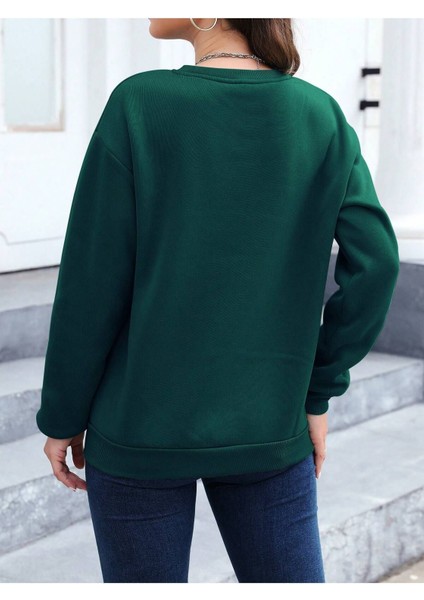 Tüy Baskılı Oversize Sıfır Yaka Sweatshirt