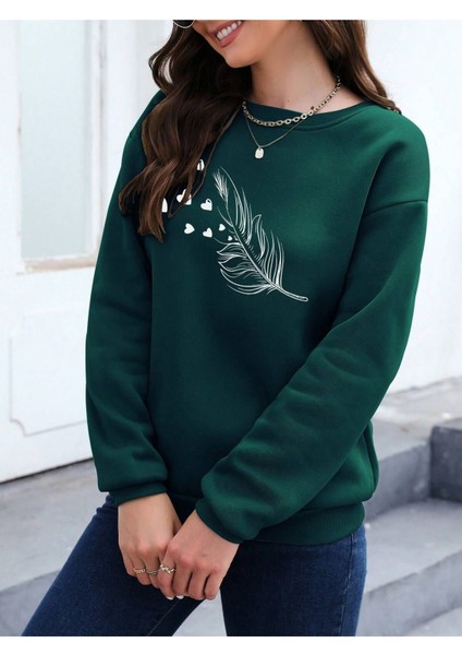 Tüy Baskılı Oversize Sıfır Yaka Sweatshirt