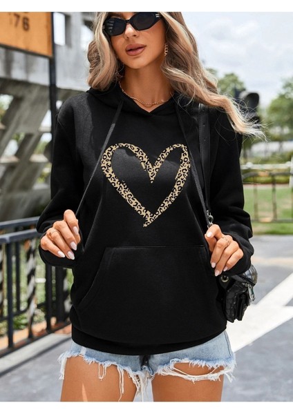 Leopar Kalp Baskılı Ünisex Siyah Kapüşonlu Oversize Sweatshirt