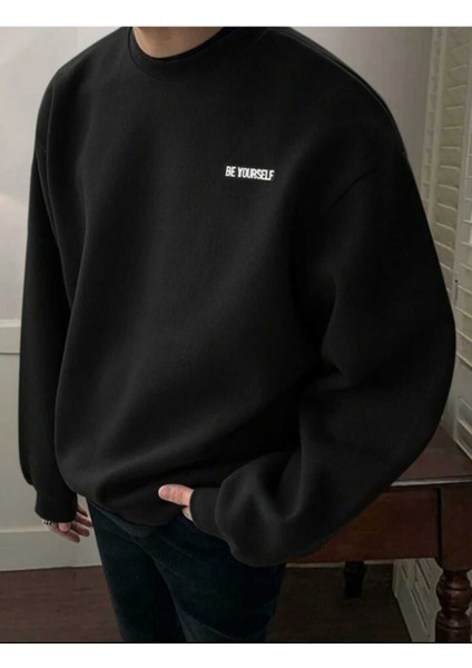 Minimal Baskılı Erkek Bisiklet Yaka Ünisex Oversize Sweatshirt