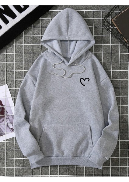 Minimal Yarım Kalp Baskılı Ünisex Kapüşonlu Oversize Sweatshirt