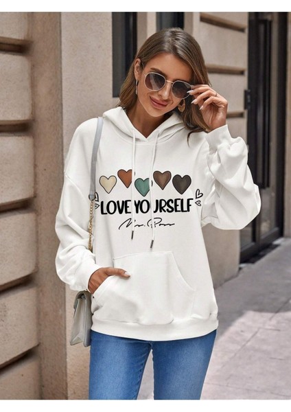 5 Kalpli Love Yourself Baskılı Ünisex Beyaz Kapüşonlu Oversize Sweatshirt fiyatları